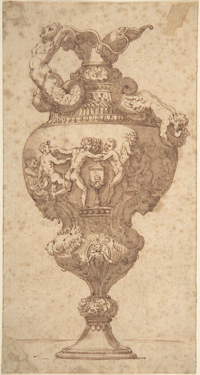 Drawing after an Antique Vase, Anonymous, Italian, 18th century, Brush and brown wash or watercolor 