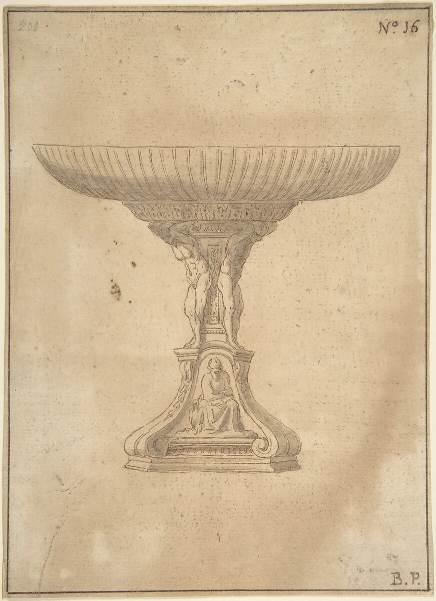 Design for a Cup Supported by Standing Nudes with Standard of Seated Figure with Book and Bird, Jacopo da Empoli (Jacopo Chimenti) (Italian, Florence 1551–1640 Florence)  , Attributed to., Pen and brown ink, with brush and brown wash 