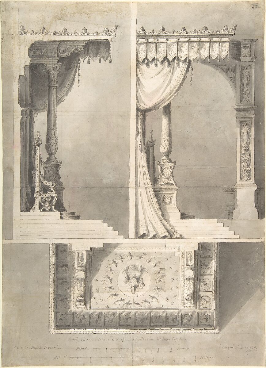 Design for a Papal Throne with Elevations and Sketch of Baldacchino Interior., Antonio Basoli (Italian, Castel Guelfo di Bologna 1774–1843 Bologna), Pen and brown ink, brush and gray wash, over black chalk 