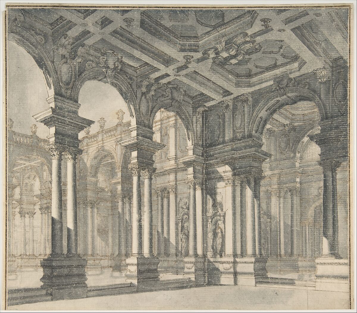 Design for a Stage Set with a Monumental Arcaded Courtyard., Giuseppe Galli Bibiena (Italian, Parma 1696–1756 Berlin)  , Attributed to., Pen and brown ink, with brush and gray wash 