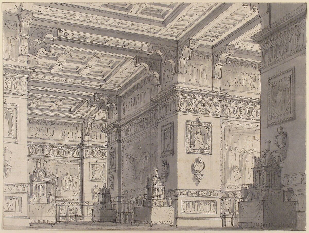 Design for a Stage Set?:Interior of a Stateroom with Four Tables Displaying Urns and Tabernacles., Alessandro Sanquirico (Italian, 1777–1849)  , Attributed to., Pen and brown ink, brush and gray wash.
