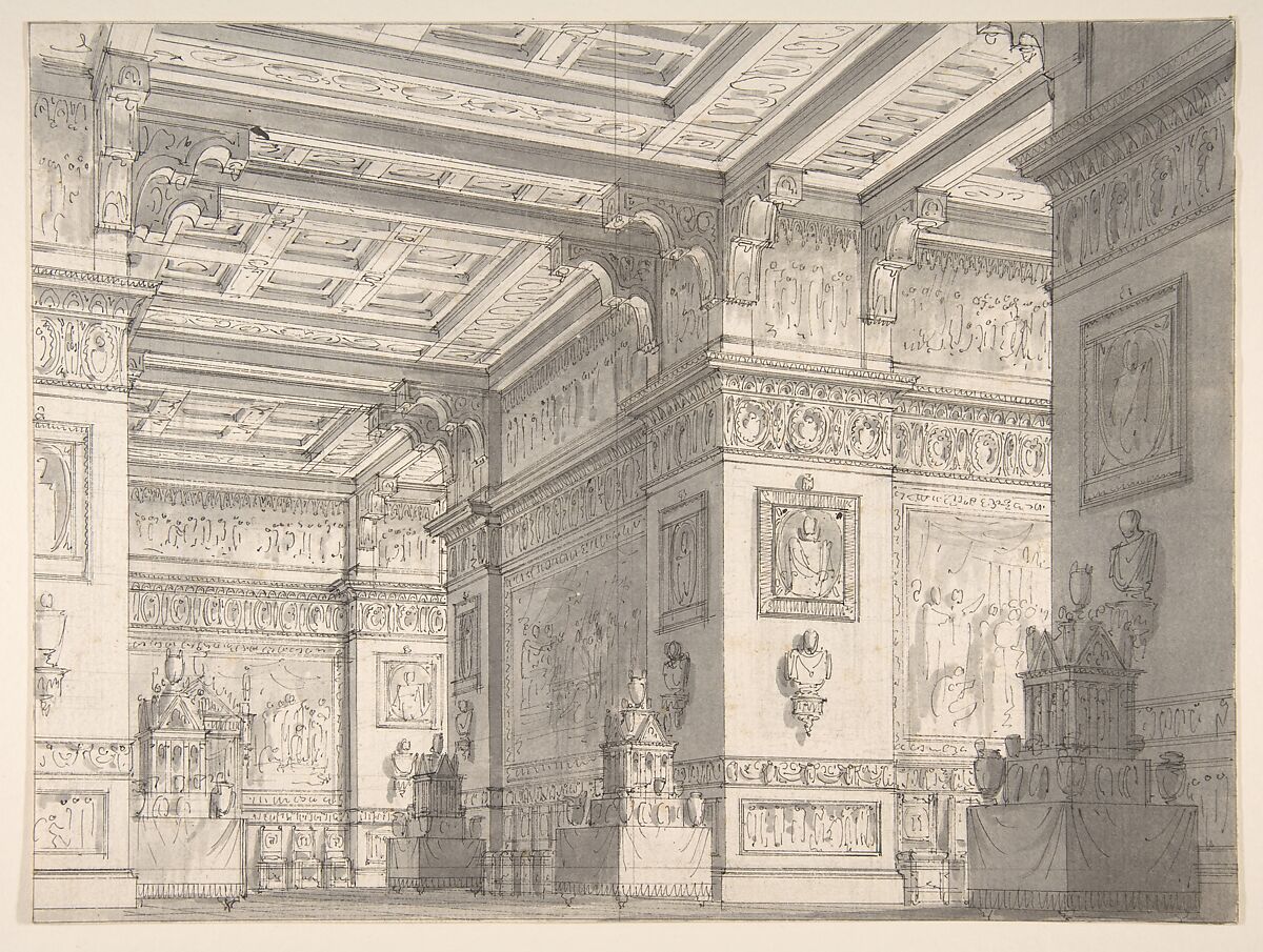 Design for a Stage Set?:Interior of a Stateroom with Four Tables Displaying Urns and Tabernacles., Alessandro Sanquirico (Italian, 1777–1849)  , Attributed to., Pen and brown ink, brush and gray wash. 