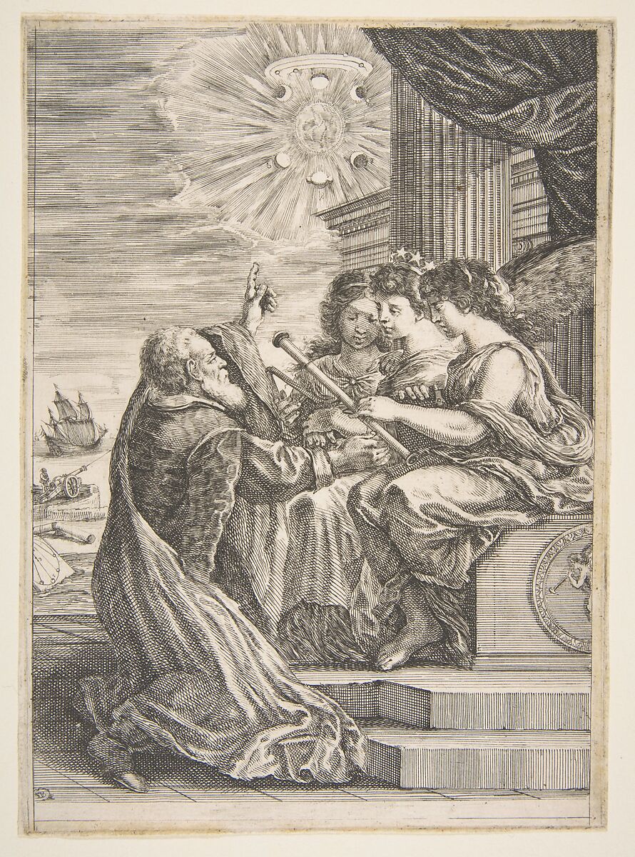 Galileo and personifications of Astronomy, Perspective and Mathematics, frontispiece for 'Opere di Galileo Galilei', Stefano della Bella (Italian, Florence 1610–1664 Florence), Etching 