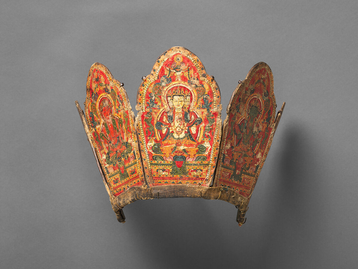 Ritual Crown with the Five Transcendent Buddhas, Opaque watercolor and gold on board, Tibet 