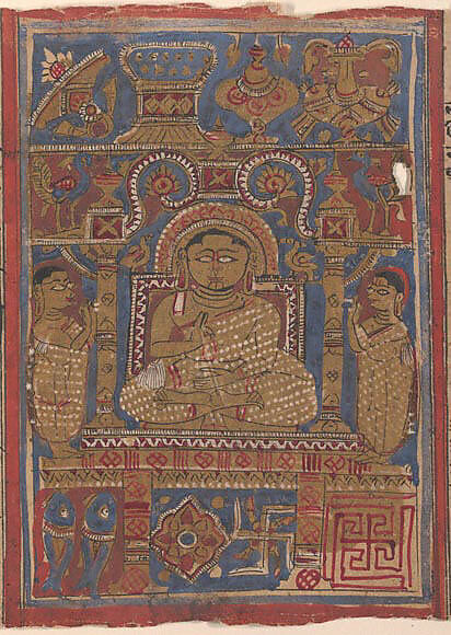 A Tirthankara and the Eight Auspicious Symbols; Page from a Dispersed Kalpa Sutra (Jain Book of Rituals), Ink, opaque watercolor, and gold on paper, India (Gujarat) 