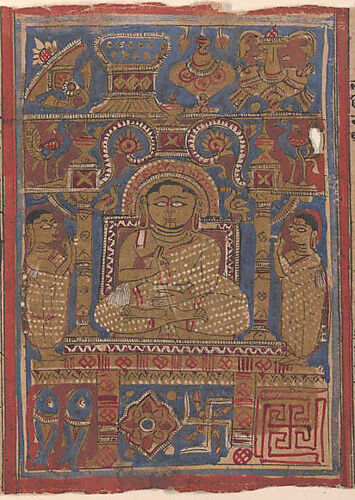 A Tirthankara and the Eight Auspicious Symbols; Page from a Dispersed Kalpa Sutra (Jain Book of Rituals)