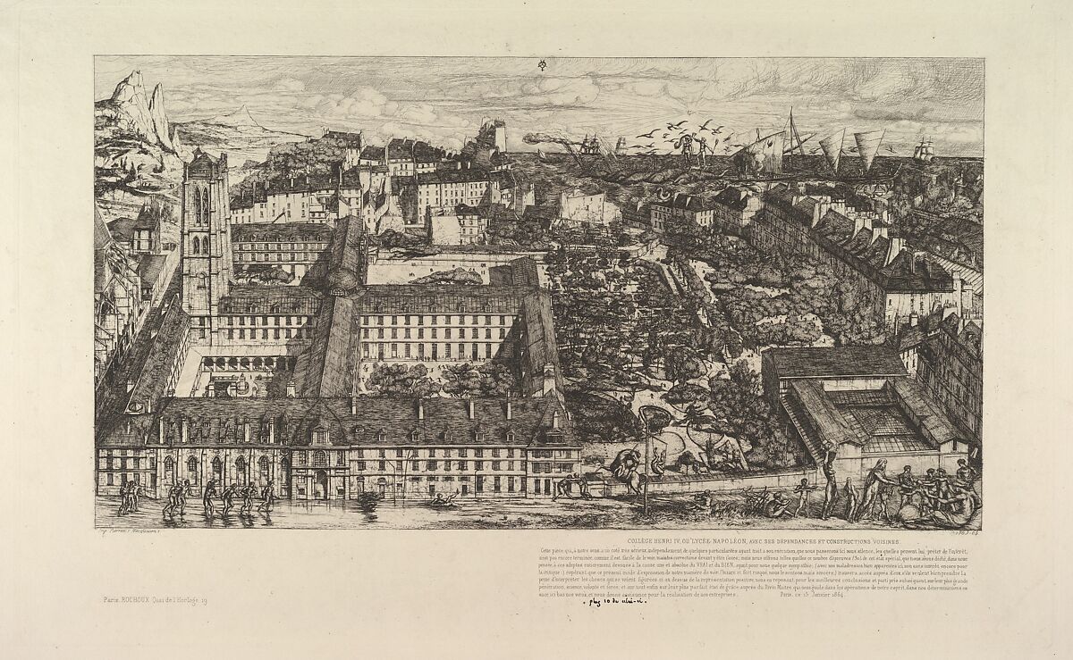 College Henri IV (ou Lycée Napoléon), Charles Meryon (French, 1821–1868), Etching on laid paper; fifth state of eleven 