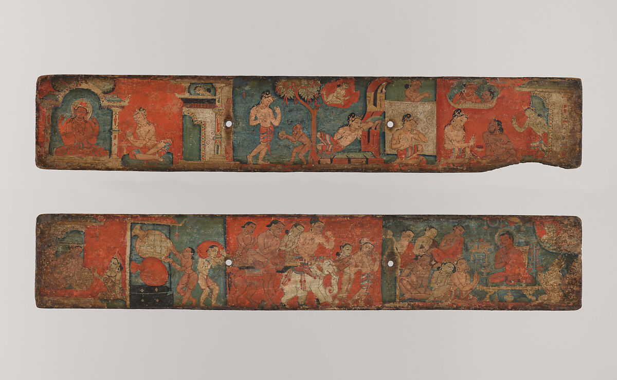 Pair of Manuscript Covers with Buddhist Scenes, Distemper on wood, Nepal (Kathmandu Valley) 
