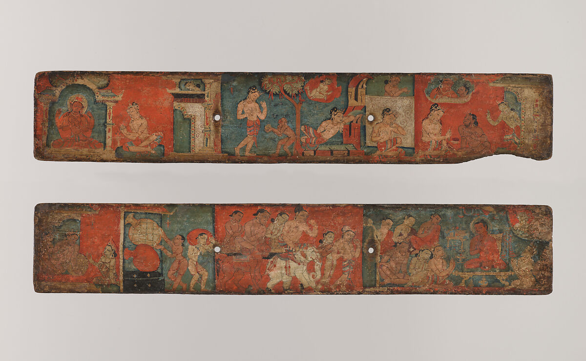 Pair of Manuscript Covers Illustrating Sadaprarudita’s Self-Sacrifice, Distemper on wood, Nepal, Kathmandu Valley 