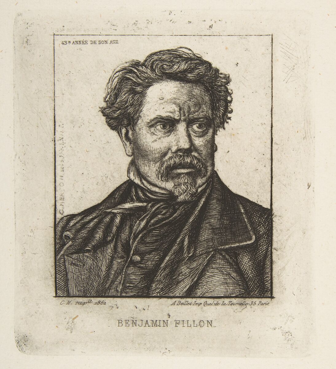 Benjamin Fillon, after a photograph, Charles Meryon (French, 1821–1868), Etching and drypoint on tin, printed on laid paper; fifth state of six (Schneiderman) 