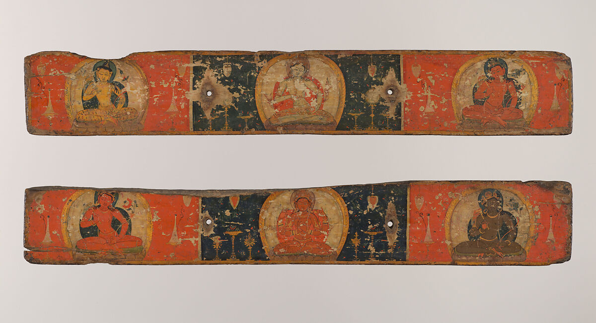 Pair of Manuscript Covers: Prajnaparamita Flanked by Bodhisattvas (above); Vajrasattva(?) Flanked by Bodhisattvas (below), Distemper on wood, Nepal (Kathmandu Valley) 