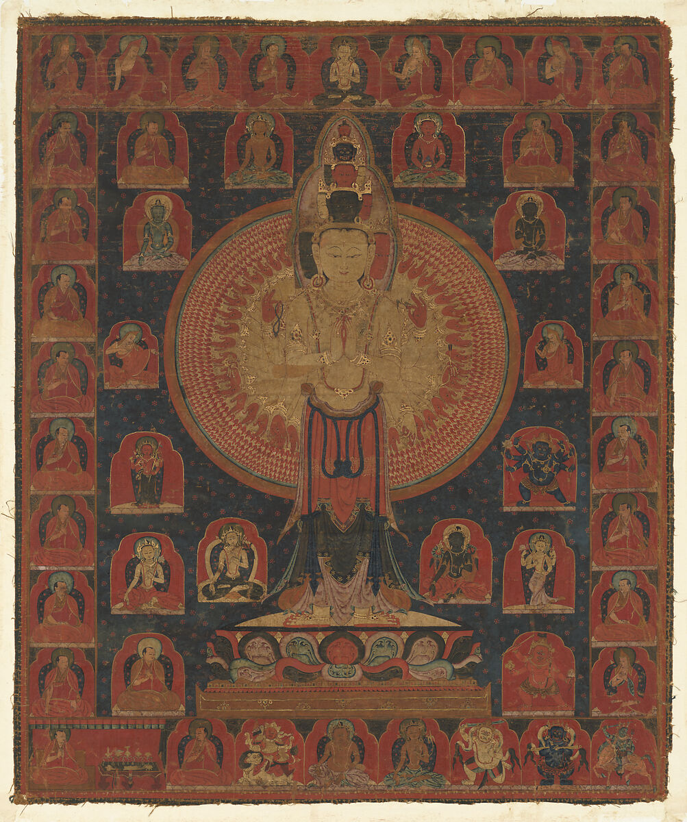 Thousand-Armed Chenresi, Distemper and gold on cloth, Tibet 