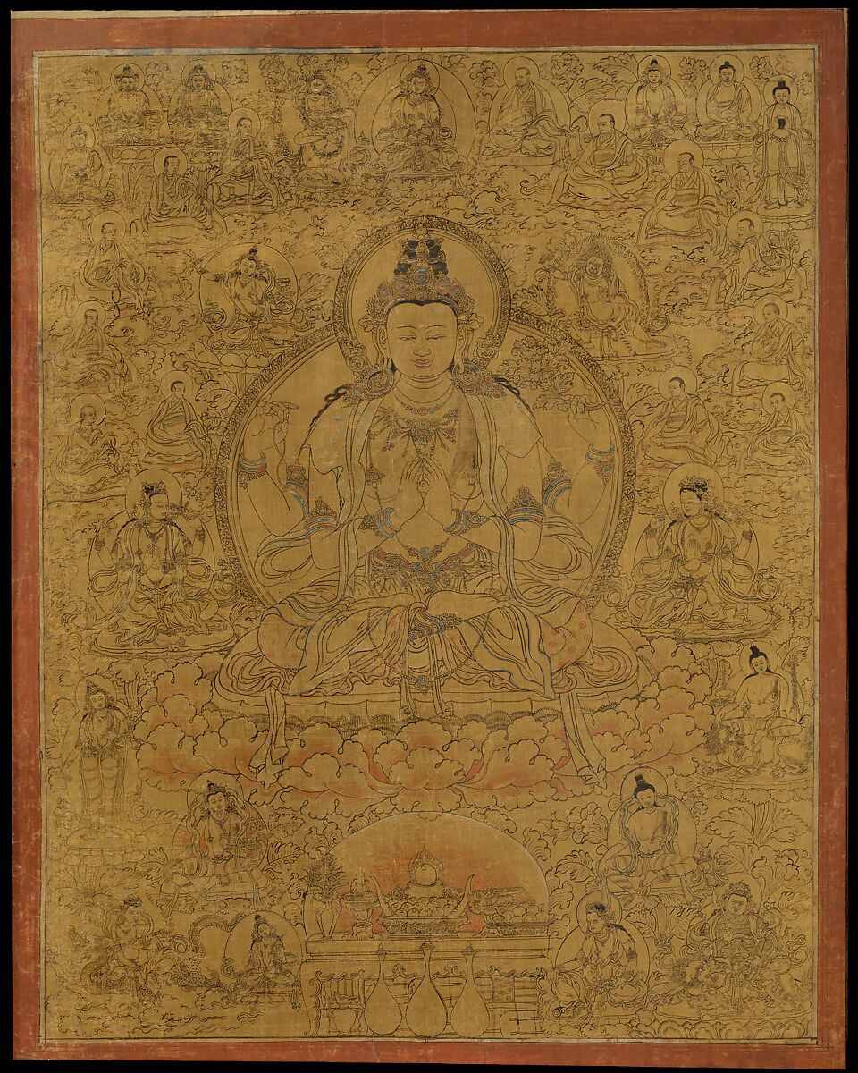 Sadaksari-Lokeshvara Surrounded by Manifestations and Monks, Distemper, gold and ink on cloth, Tibet 