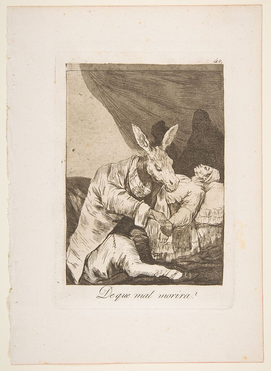 Plate 40 from "Los Caprichos": Of what ill will he die? (De que mal morira?), Goya (Francisco de Goya y Lucientes) (Spanish, Fuendetodos 1746–1828 Bordeaux), Etching, burnished aquatint, drypoint, burin 