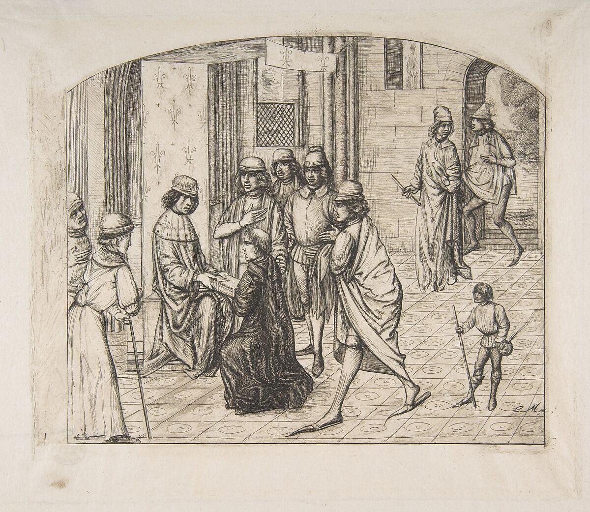 The printer Valère Maxime being presented to King Louis XI, after an earlier miniature, Charles Meryon (French, 1821–1868), Etching and drypoint, printed on laid paper; fourth state of seven (Schneiderman) 