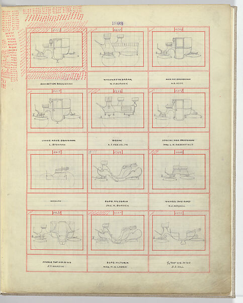 Carriage Draft Book 1893–1905, Brewster &amp; Co. (American, New York), Red ink grid and graphite drawings. Some drawings include notations in graphite and red and black ink.