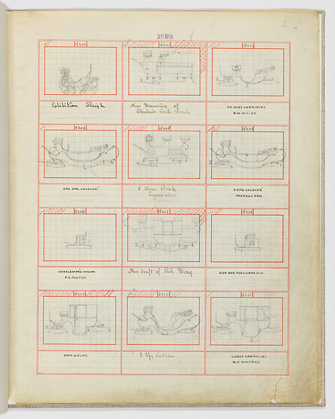 Carriage Draft Book 1893–1905, Brewster &amp; Co. (American, New York), Red ink grid and graphite drawings. Some drawings include notations in graphite and red and black ink.