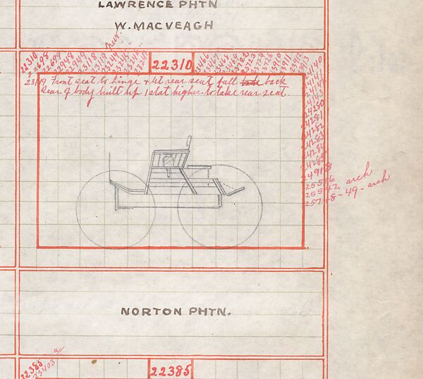 Carriage Draft Book 1893–1905, Brewster &amp; Co. (American, New York), Red ink grid and graphite drawings. Some drawings include notations in graphite and red and black ink. 