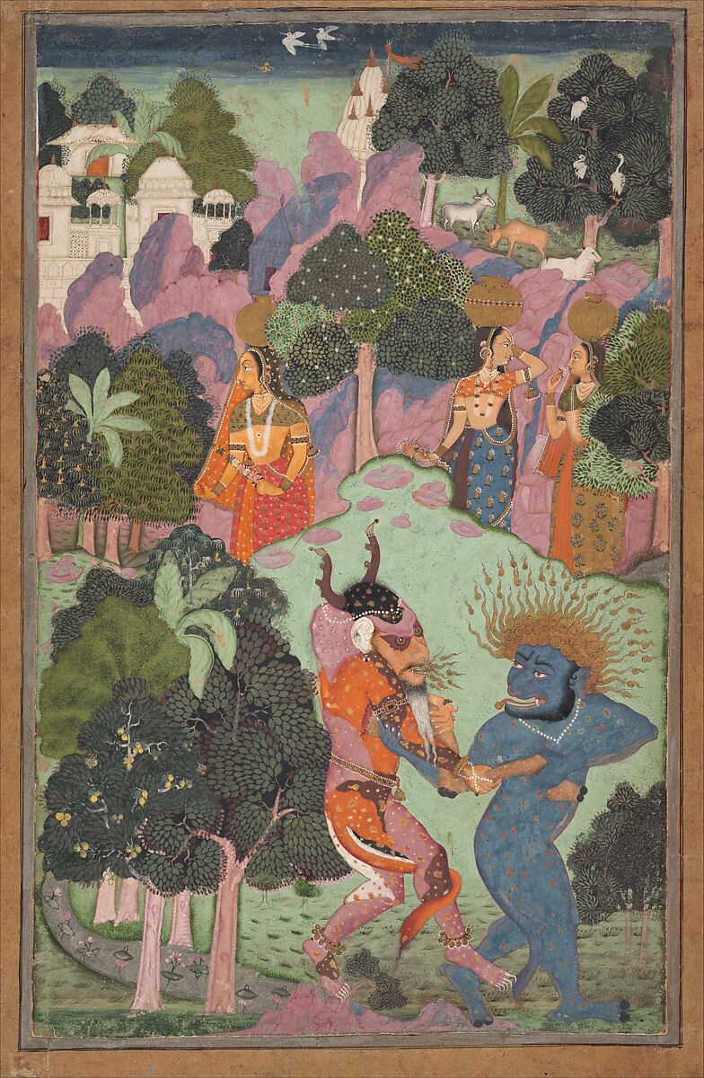 Demons Fighting Over an Animal Limb, Ink, opaque watercolor, and gold on paper, India (Rajasthan, Bikaner or the Deccan) 