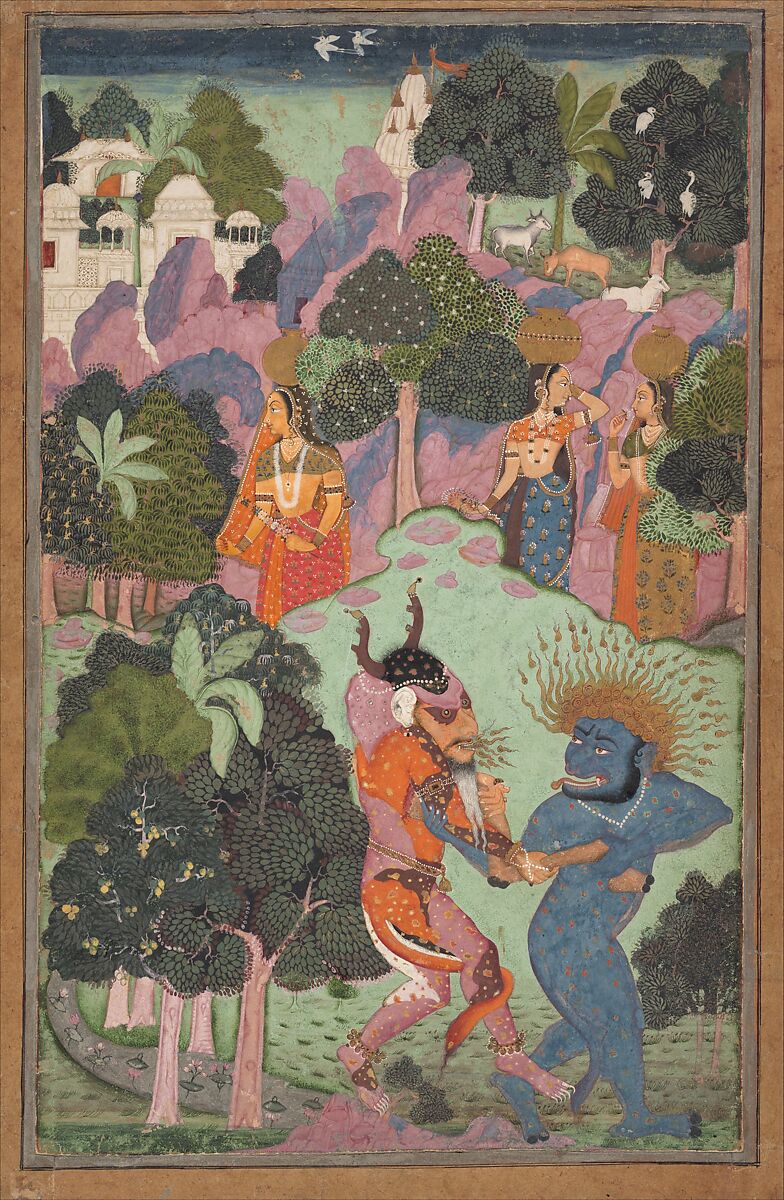 Demons Fighting Over an Animal Limb, Ink, opaque watercolor, and gold on paper, India (Rajasthan, Bikaner or the Deccan)