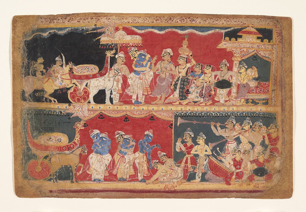 Krishna Is Welcomed into Mathura: Page from a Dispersed Bhagavata Purana Manuscript, Ink and opaque watercolor on paper, India (Delhi Agra area) 