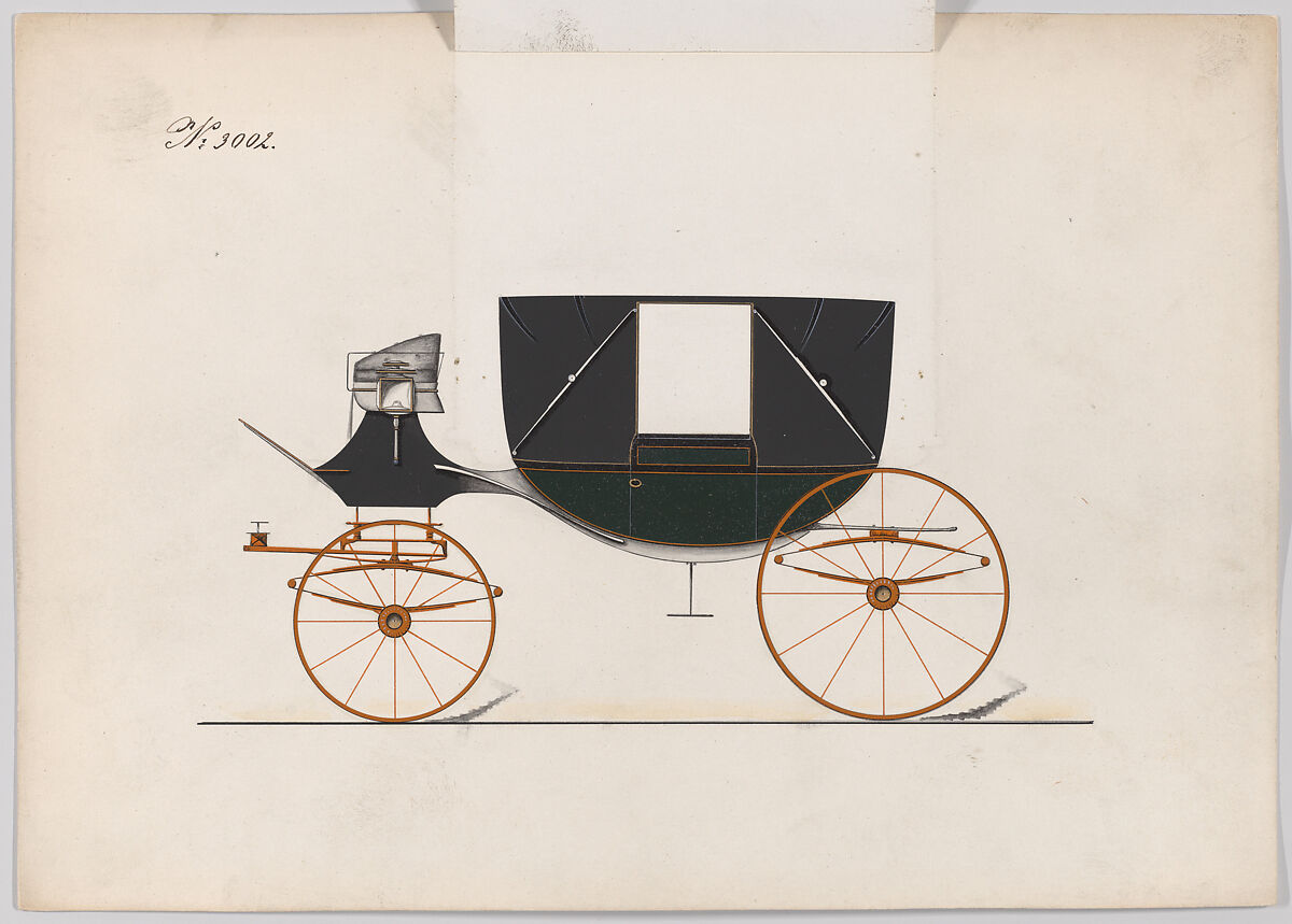 Design for Landau, No. 3002, Brewster &amp; Co. (American, New York), Pen and black ink, watercolor and gouache with gum arabic and metallic ink