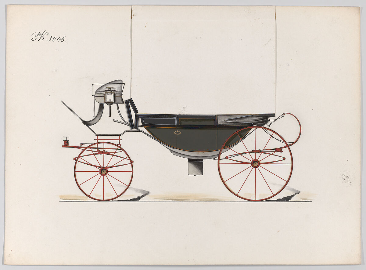 Design for Landau, No. 3046, Brewster &amp; Co. (American, New York), Pen and black ink, watercolor and gouache with gum arabic and metallic ink 
