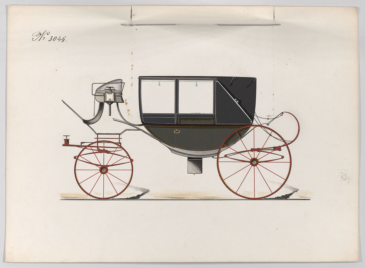 Design for Landau, No. 3046, Brewster &amp; Co. (American, New York), Pen and black ink, watercolor and gouache with gum arabic and metallic ink
