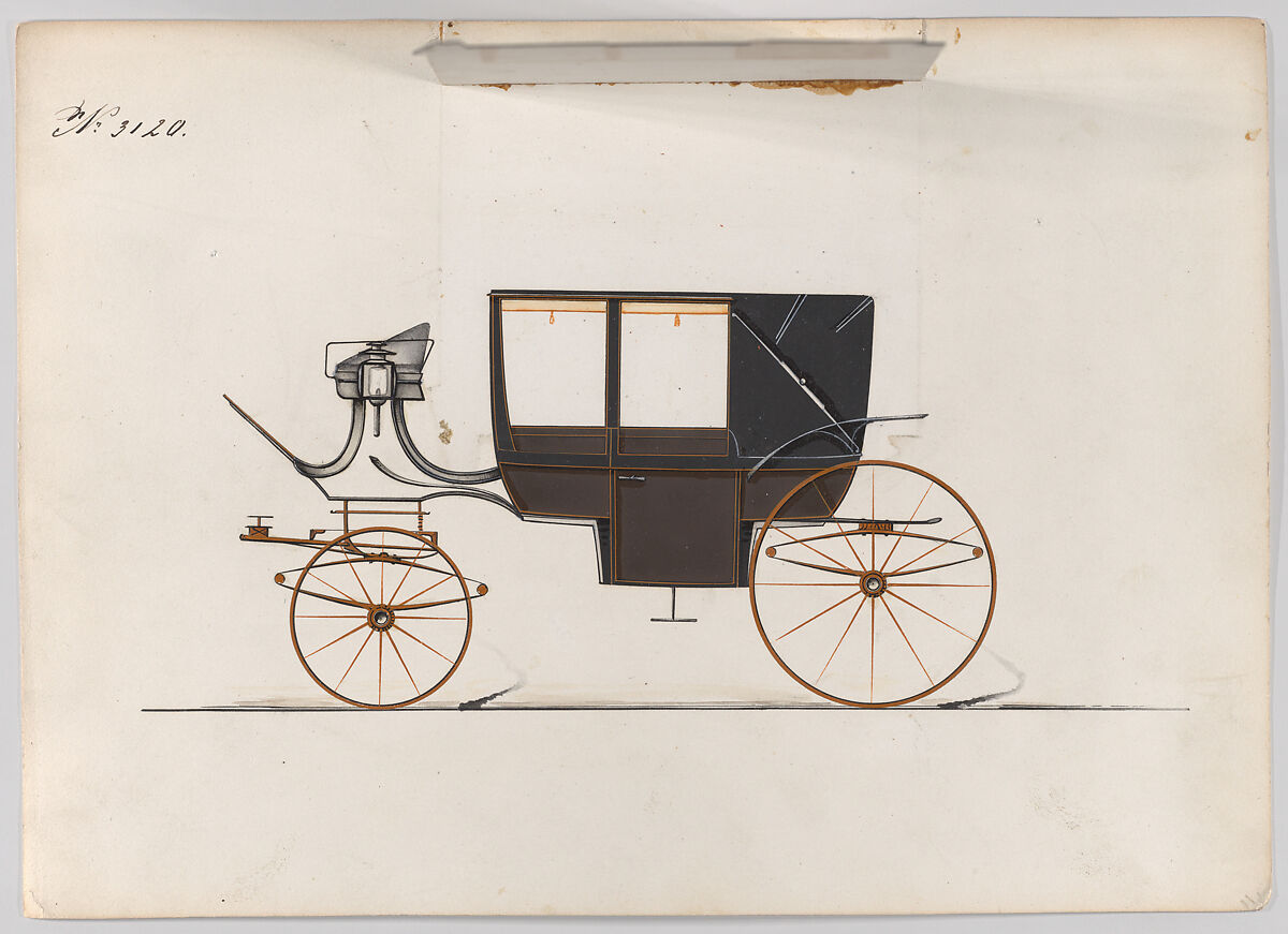 Design for Landau, No. 3120, Brewster &amp; Co. (American, New York), Pen and black ink, watercolor and gouache with gum arabic