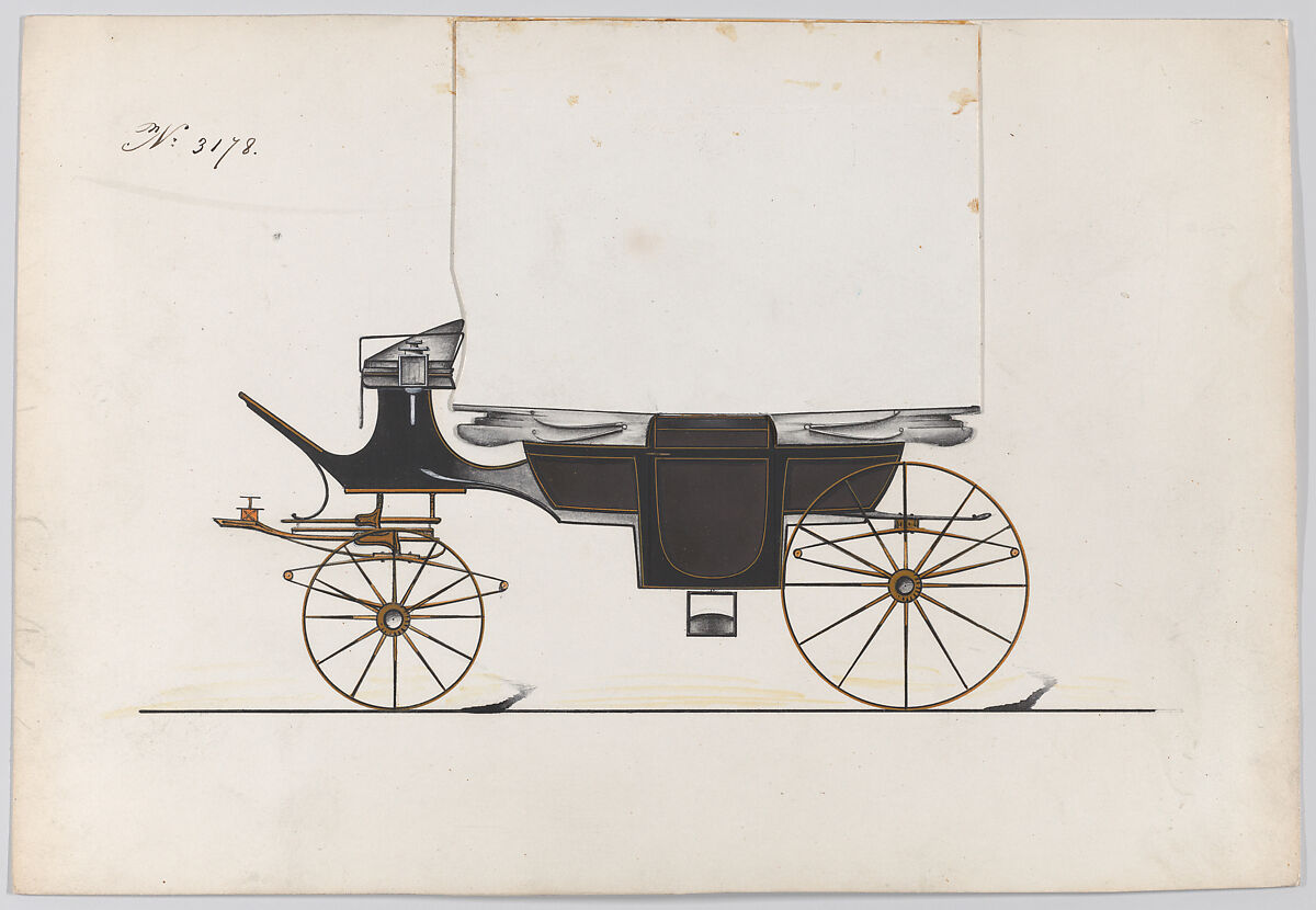 Design for Landau, No. 3178, Brewster &amp; Co. (American, New York), Pen and black ink, watercolor and gouache with gum arabic 