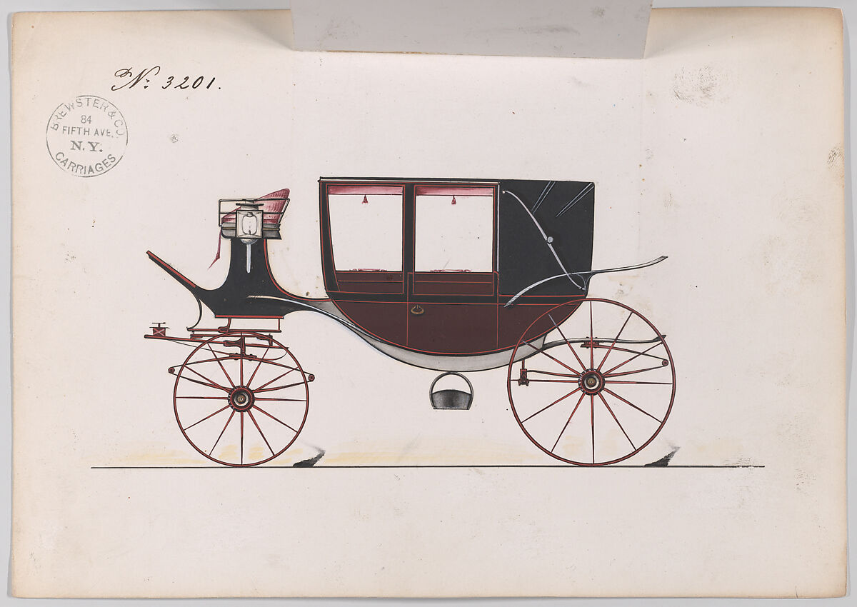 Design for Landau, No. 3201, Brewster &amp; Co. (American, New York), Pen and black ink,watercolor and gouache with metallic ink