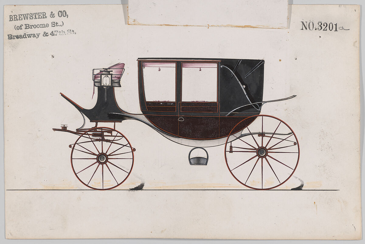 Design for Landau, No. 3201a, Brewster &amp; Co. (American, New York), Pen and black ink, watercolor and gouache with gum arabic