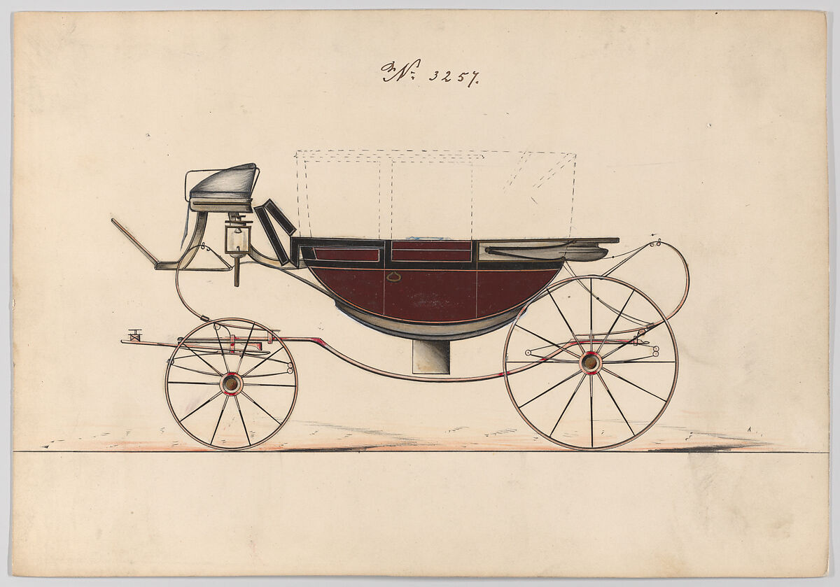 Design for Landau, No. 3257, Brewster &amp; Co. (American, New York), Pen and black ink, watercolor and gouache with gum arabic and metallic ink 