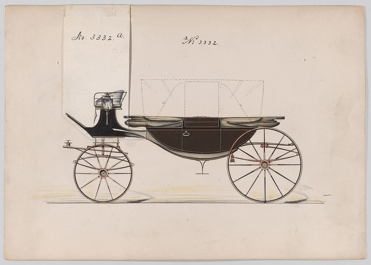 Design for Landau, No. 3332, Brewster &amp; Co. (American, New York), Pen and black ink, watercolor a d gouache with gum arabic and metallic ink 