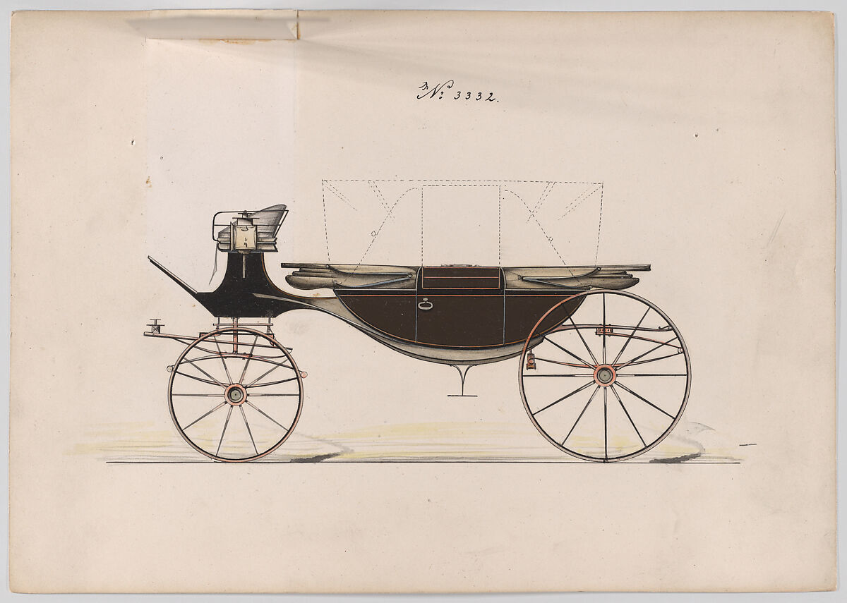 Design for Landau, No. 3332, Brewster &amp; Co. (American, New York), Pen and black ink, watercolor a d gouache with gum arabic and metallic ink
