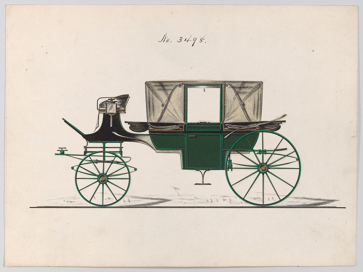 Design for Landau, No. 3498, Brewster &amp; Co. (American, New York), Pen and black ink, watercolor and gouache with gum arabic and metallic ink 