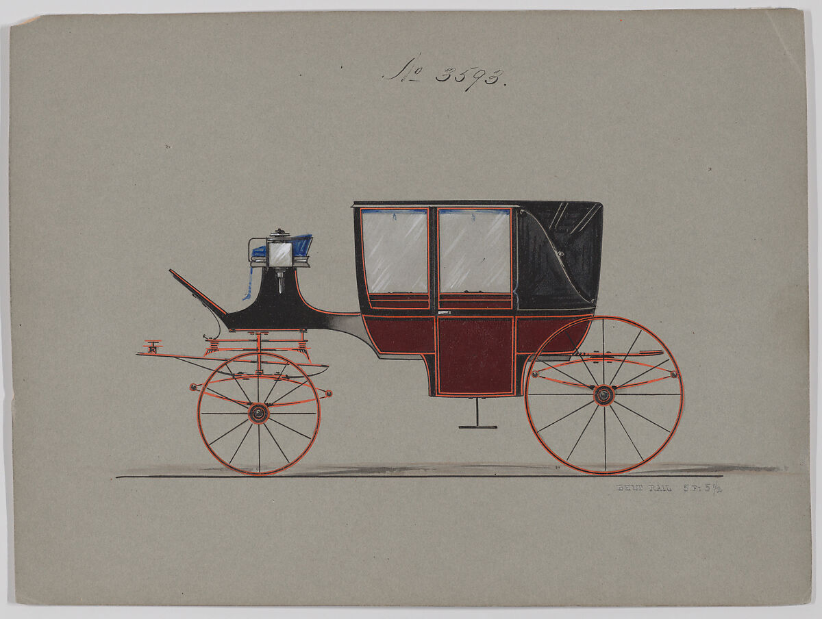 Design for Landau, No. 3593, Brewster &amp; Co. (American, New York), Pen and black in, watercolor and gouache with gum arabic and meatllic ink 