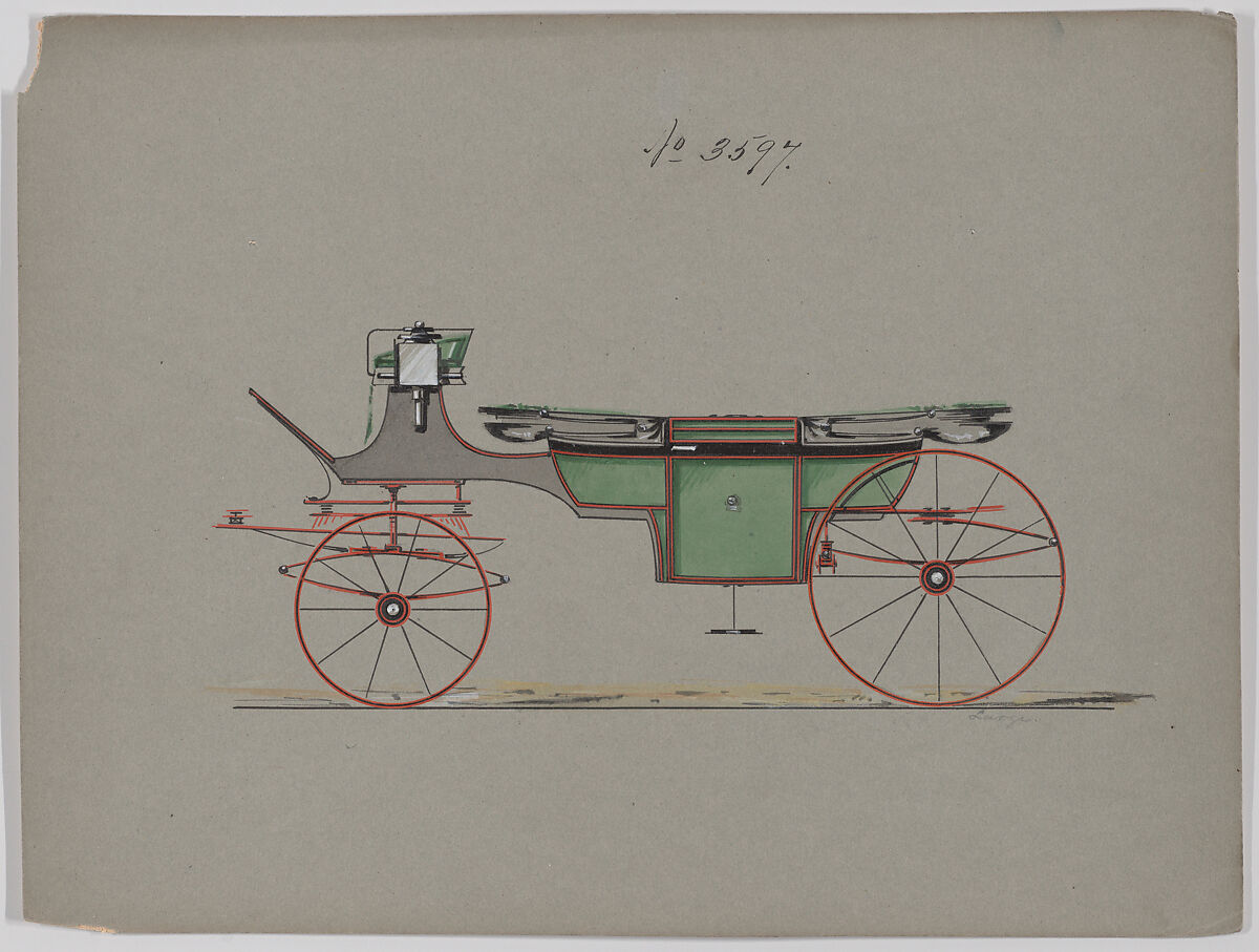Design for Landau, No. 1597 (or 3597?), Brewster &amp; Co. (American, New York), Pen and black ink, watercolor and gouache with gum arabic 