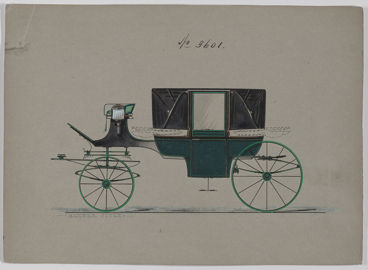 Design for Landau, No. 3601, Brewster &amp; Co. (American, New York), Pen and black ink, watercolor and gouache with gum arabic and metallic ink. 