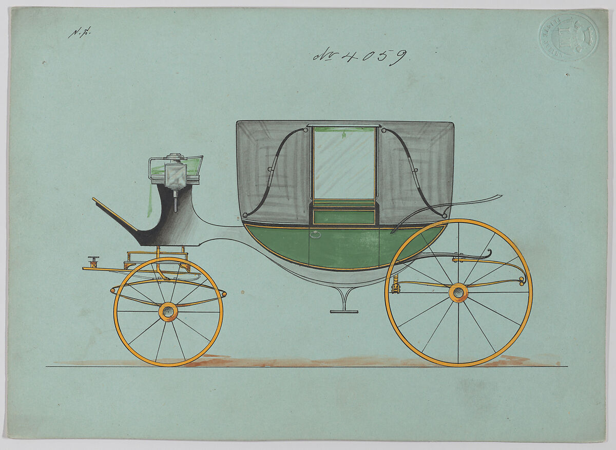 Design for Landau, No. 4059, Brewster &amp; Co. (American, New York), Pen and black ink, watercolor and gouache 
