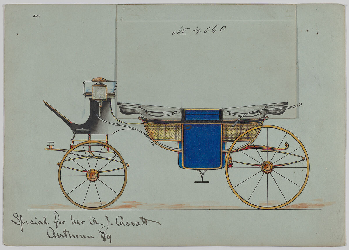 Design for Landau, No. 4060, Brewster &amp; Co. (American, New York), Pen and black ink, watercolor and gouache with gum arabic and metallic ink 