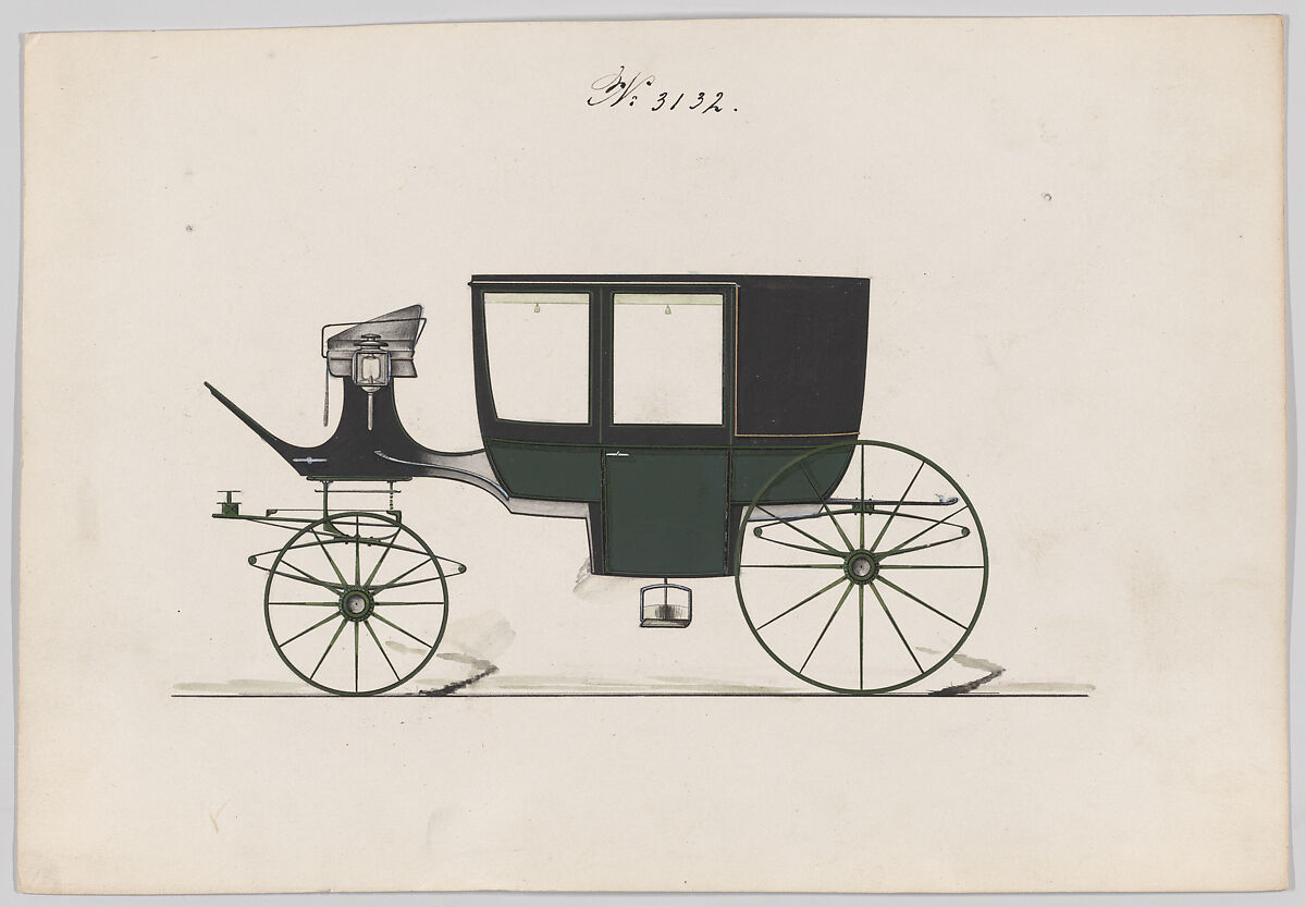 Design for a Glass Panel Coach, no. 3132, Brewster &amp; Co. (American, New York), Pen and black ink, watercolor and gouache with gum arabic and metallic ink 