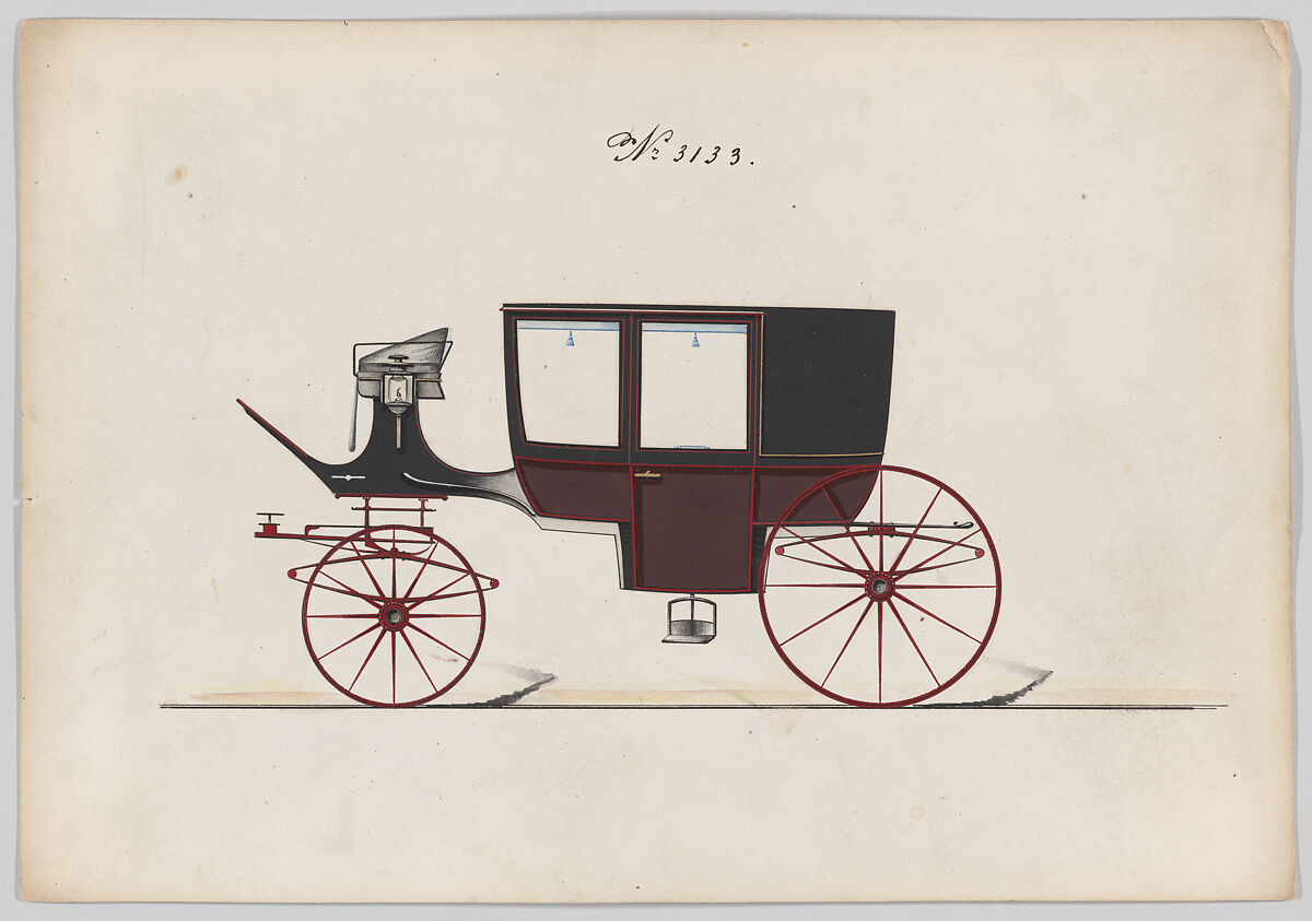 Design for Glass Panel Coach, no. 3133, Brewster &amp; Co. (American, New York), Pen and black ink, watercolor and gouache, with gum arabic and metallic ink 