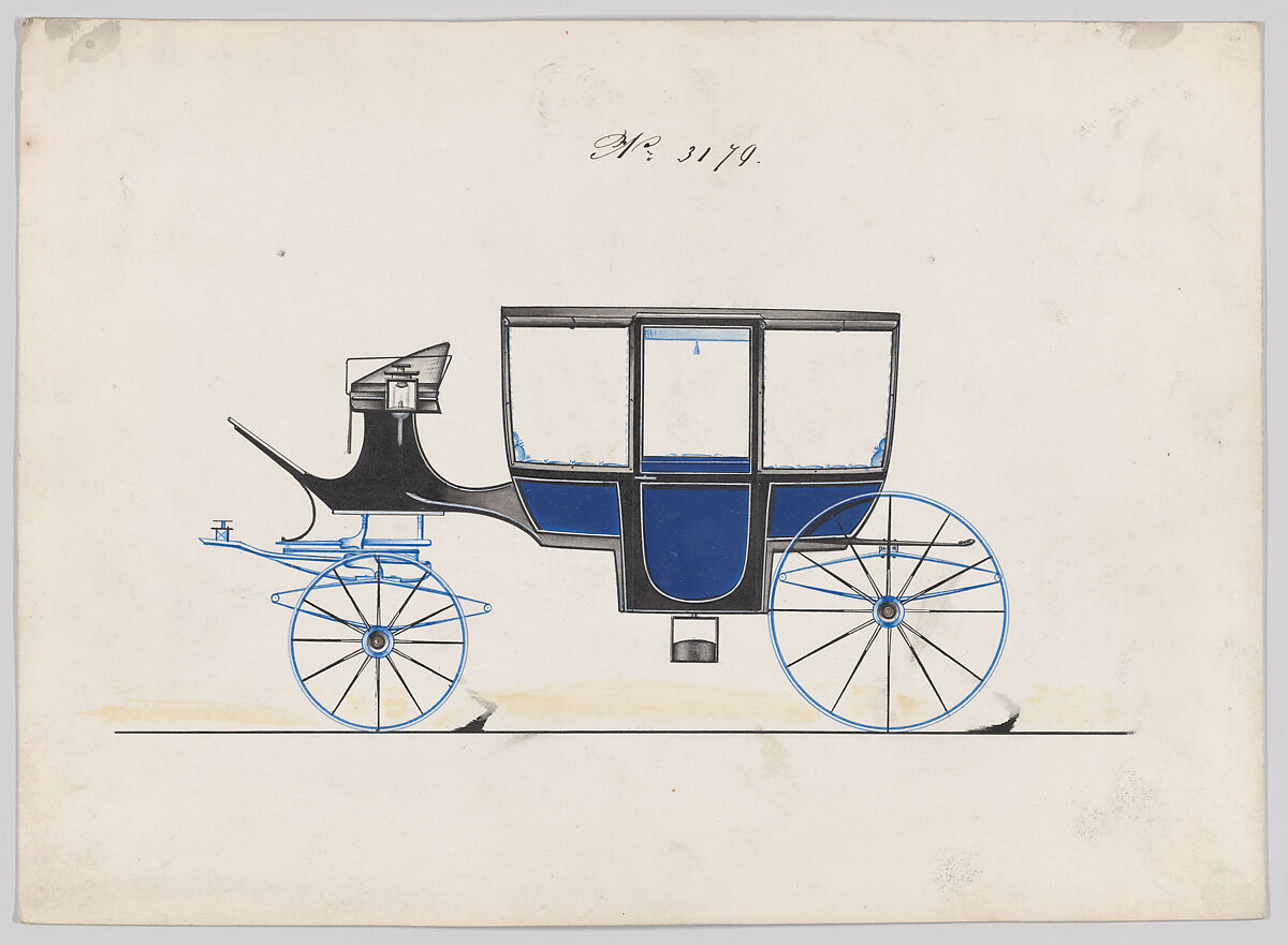 Design for Glass Panel Coach, no. 3179, Brewster &amp; Co. (American, New York), Pen and black ink, watercolor and gouache 