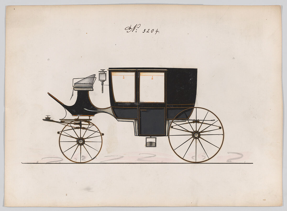 Design for Glass Panel Coach, no. 3204, Brewster &amp; Co. (American, New York), Graphite, pen and black ink, watercolor and gouache with gum arabic 
