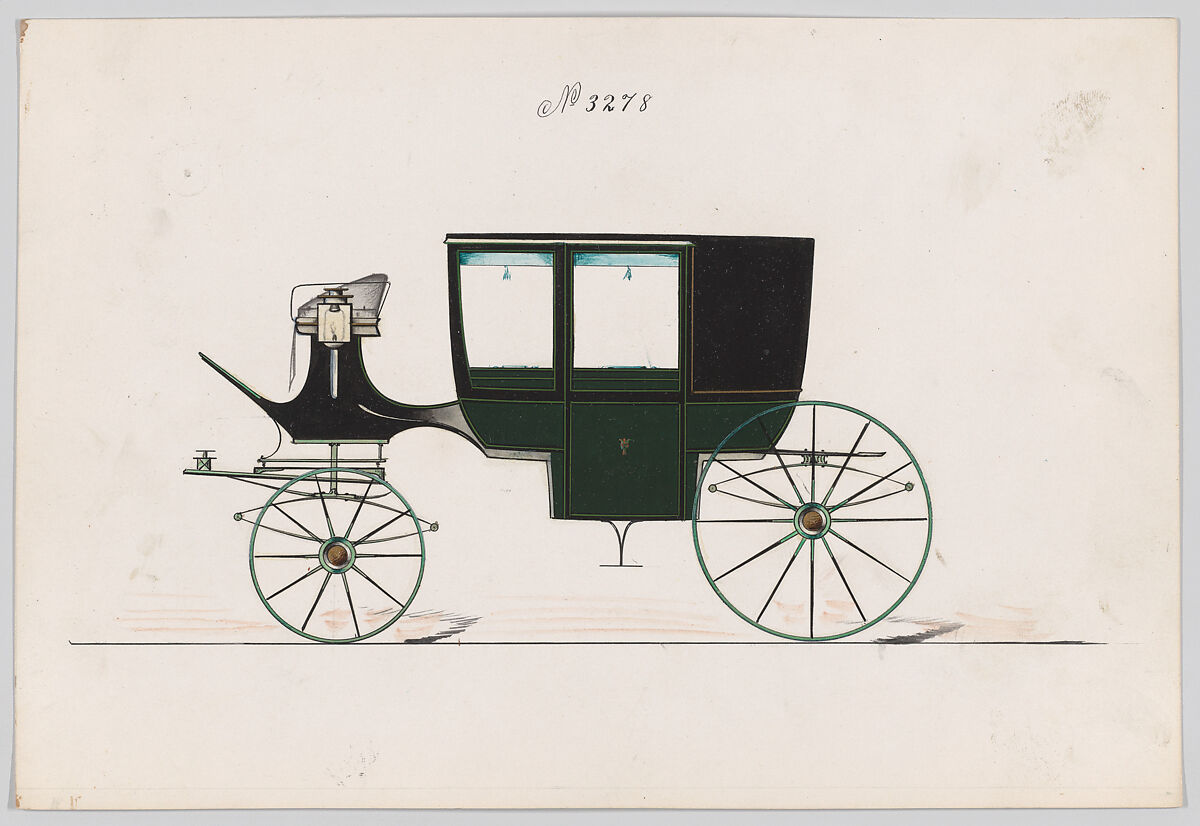 Coach #3278, Brewster &amp; Co. (American, New York), Pen and black ink, watercolor and gouache with gum arabic and metallic ink (brightwork and hubs) 