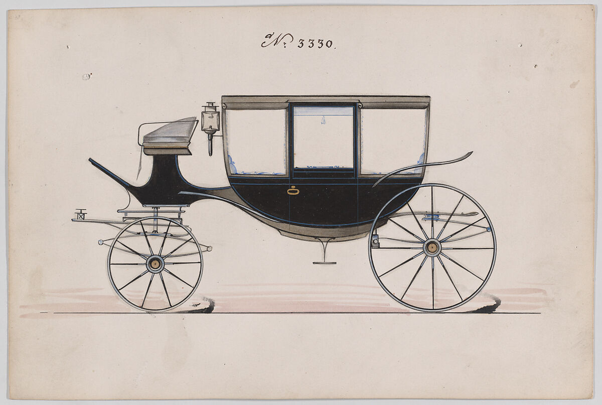 Curtain Coach #3330, Brewster &amp; Co. (American, New York), Pen and black ink, watercolor and gouache with gum arabic and metallic ink 