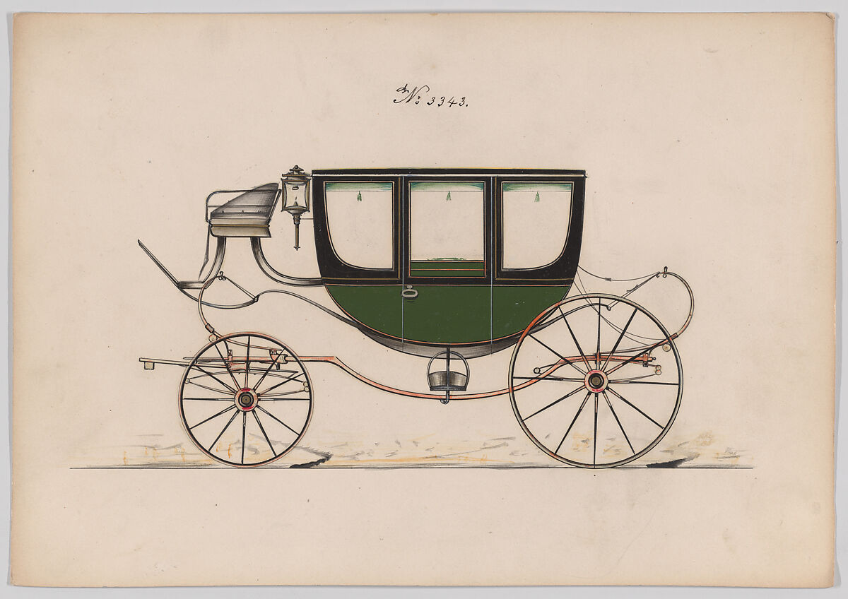 Design for Curtain Coach with Springs, no. 3343, Brewster &amp; Co. (American, New York), Pen and black ink, watercolor and gouache with gum arabic 