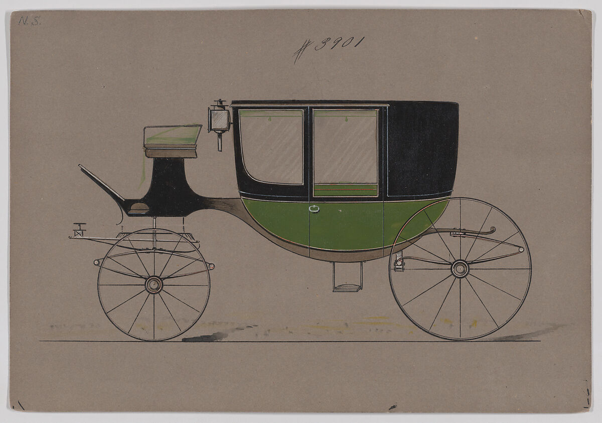 Design for Glass Panel Coach, no. 3901, Brewster &amp; Co. (American, New York), Pen and black ink, watercolor and gouache, with gum arabic and metallic ink 