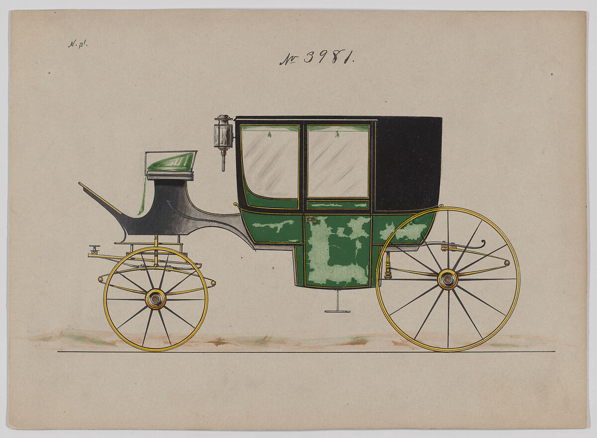 Design for Glass Panel Coach, no. 3981, Brewster &amp; Co. (American, New York), Graphite, pen and black ink, watercolor and gouache with gum arabic and metallic ink 
